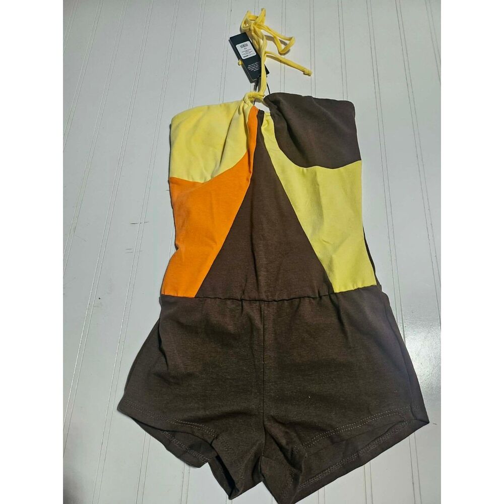 Fashion Nova Indiya Halter Contrast Micro Romper Brown Orange NWT Size S - Picture 3 of 5